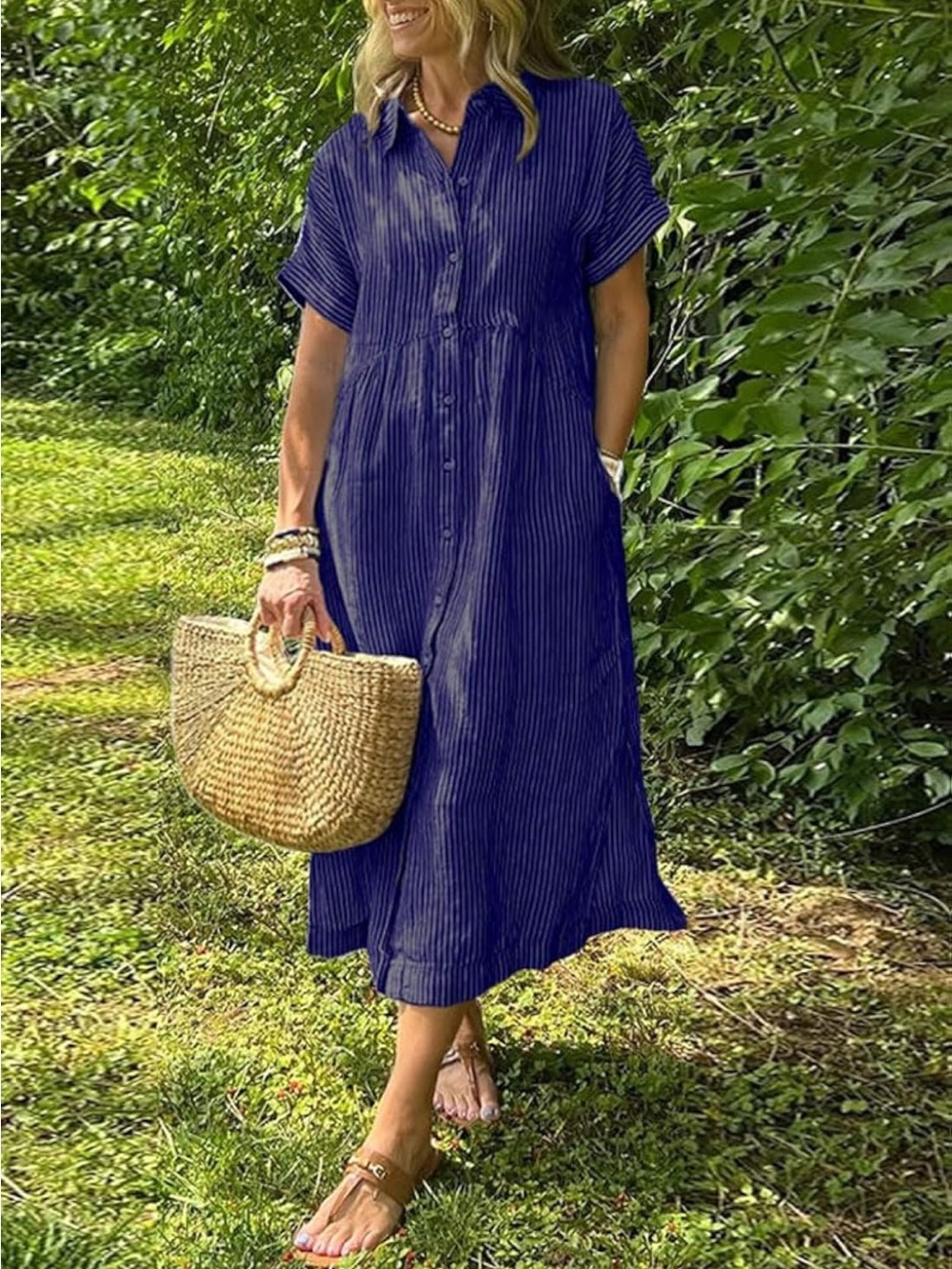Amazon Striped Button-Front Maxi Dress in Deep Blue